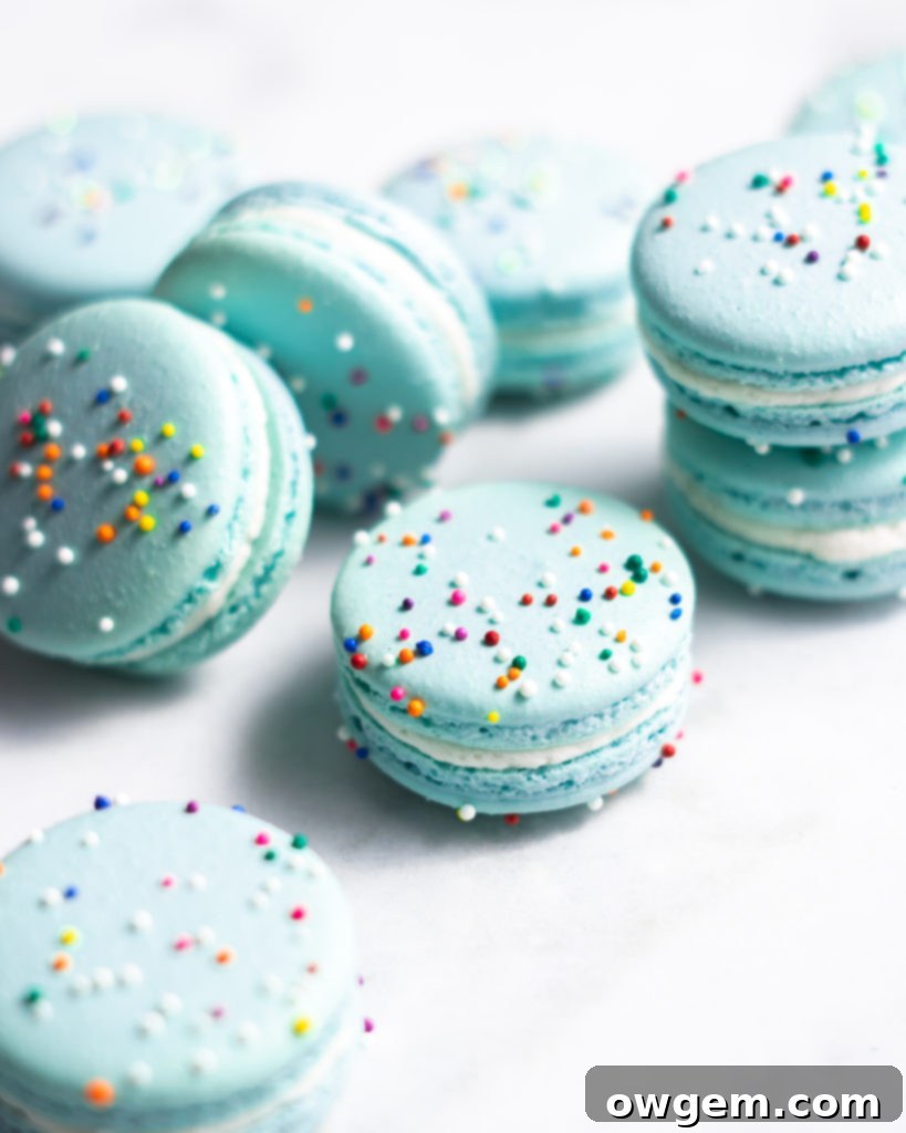 Close-up of a vibrant blue macaron with a visible 'foot' and smooth dome, illustrating the successful application of the Italian method for perfect macarons.