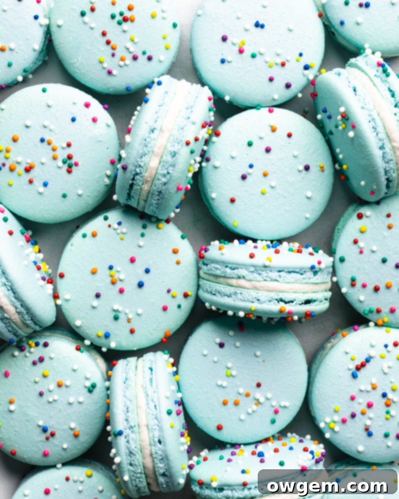 A selection of vibrant blue macarons with delicate 'feet', presented as an example of successful Italian method macaron baking.