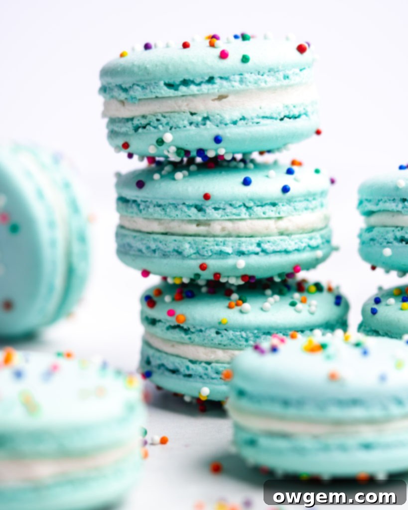 Side view of a perfectly baked blue macaron shell, highlighting the signature 'feet' and smooth texture, demonstrating proper macaron technique.