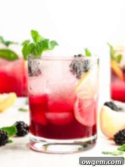 Blackberry syrup, added to lemon juice and vodka, then topped with club soda. Garnished with aromatic fresh mint, for a delicious blackberry vodka cocktail.