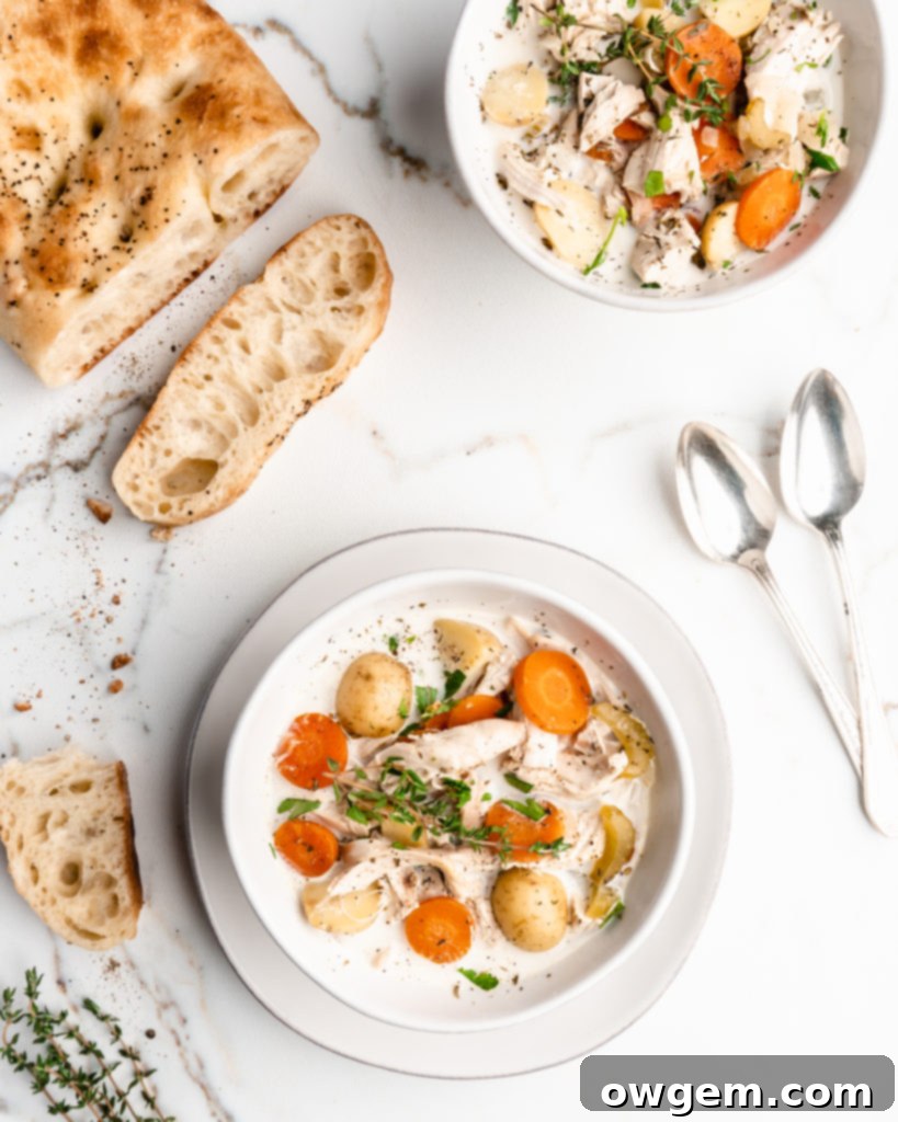 A serving of comforting creamy chicken and potato soup, highlighting the smooth texture of the potatoes and the generous pieces of chicken.