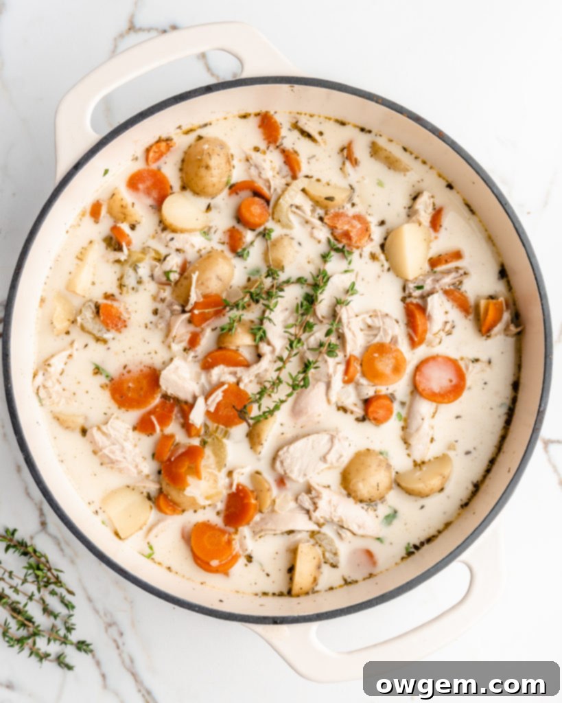 Delicious creamy chicken and potato soup in a large serving bowl, perfect for sharing on a cold evening.